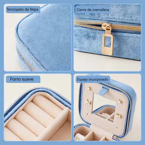 Joyero Organizador de Terciopelo Azul con Espejo para Anillos y Aretes | Grado B