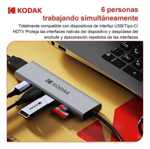 KODAK HUB USB C 6 EN 1 USB 3.0+2.0+PD100W+HDMI+LECTOR SD/TF