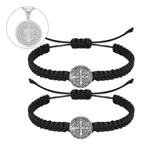 2 Pulseras Tejidas con Medalla de San Benito Negro y Rojo | Grado B