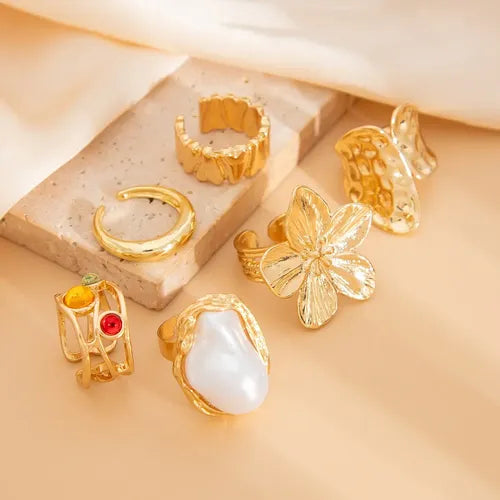 Anillo Ajustable Dorado Boho Flores de Alpaca 6PC | Grado B