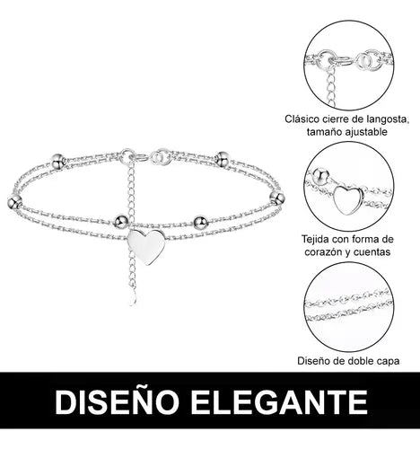 Pulsera de Corazón con Charms en Acero Inoxidable Color Plateado 16.5 cm | Grado B