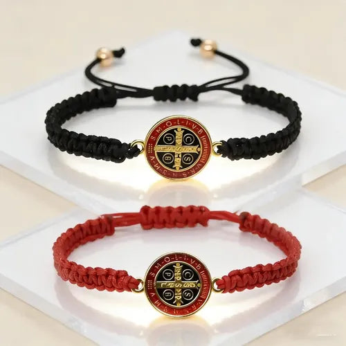 2 Pulseras Tejidas con Medalla de San Benito Negro y Rojo | Grado B