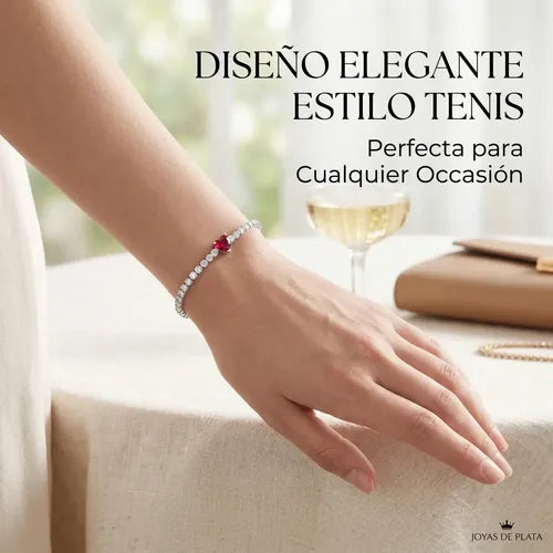 Pulsera con Corazón de Cristal Rojo Color Plateado 22 cm | Grado B