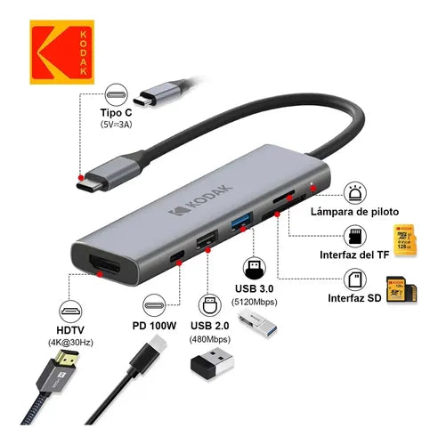 KODAK HUB USB C 6 EN 1 USB 3.0+2.0+PD100W+HDMI+LECTOR SD/TF