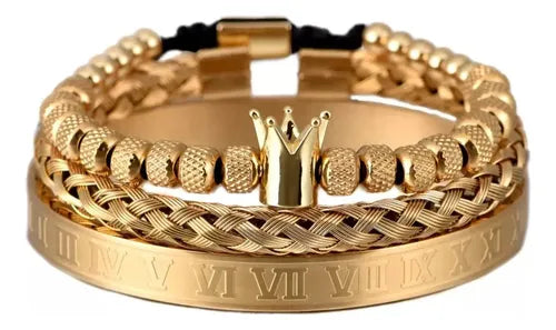Brazalete de 3 Pulseras con Corona en Acero Inoxidable 19 cm | Grado B