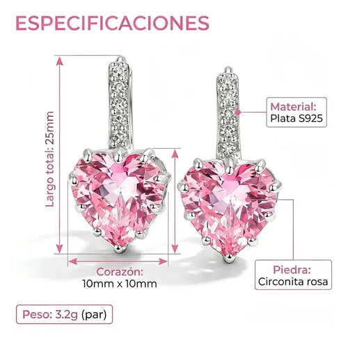 ARETES DE PLATA 925 MUJER CORAZÓN ROSA ELEGANTES COLGANTES GRADO B