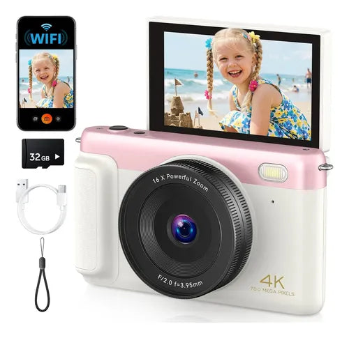 Cámara Digital WiFi Full HD 4K con Pantalla LCD y 64 GB Color Rosa Claro | Grado B
