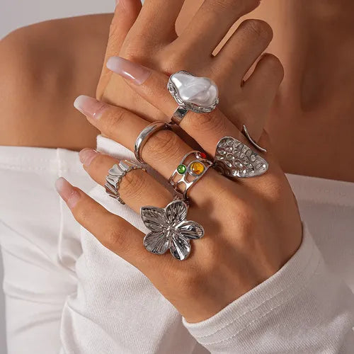 Anillo Ajustable Boho con Flores de Alpaca 6 Piezas Color Dorado | Grado B