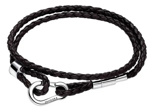 Juego de Pulseras de Piel Trenzada Doble 17.5 cm Color Negro
