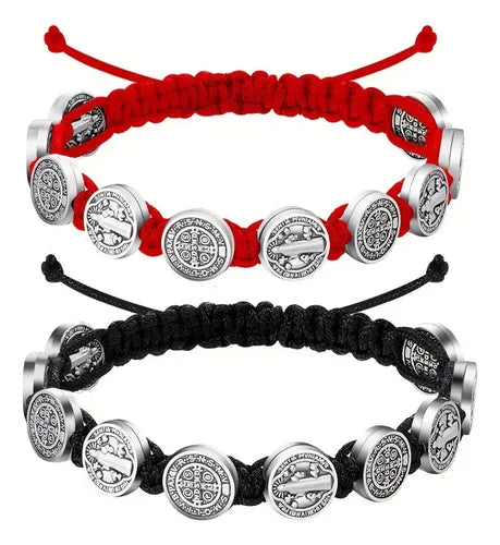 2 Pulseras Tejidas con Medalla de San Benito Negro y Rojo | Grado B