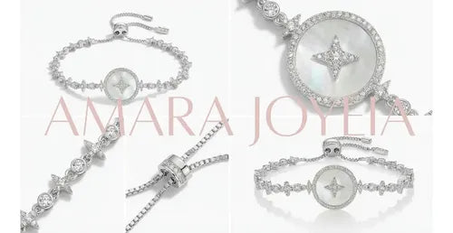 Pulsera de Nácar con Cadena de Estrellas Color Plateado