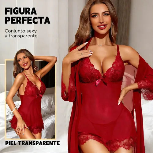 Conjunto de Lencería de Encaje Tipo Camisón para Mujer | Grado B