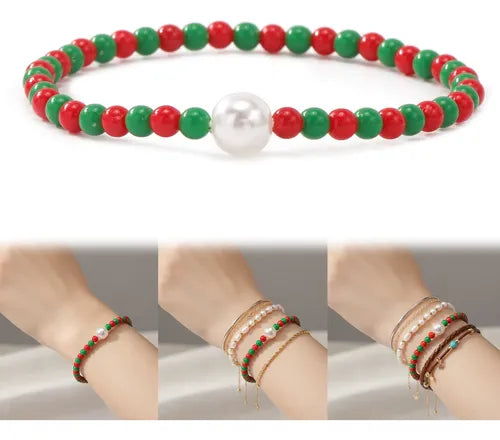 Pulsera Perlas Cuentas Oro Stacking Mujer Ideal para Regalo Rojo y Verde y Dorado 17.5 CM Rojo y Verde y Dorado | Grado B