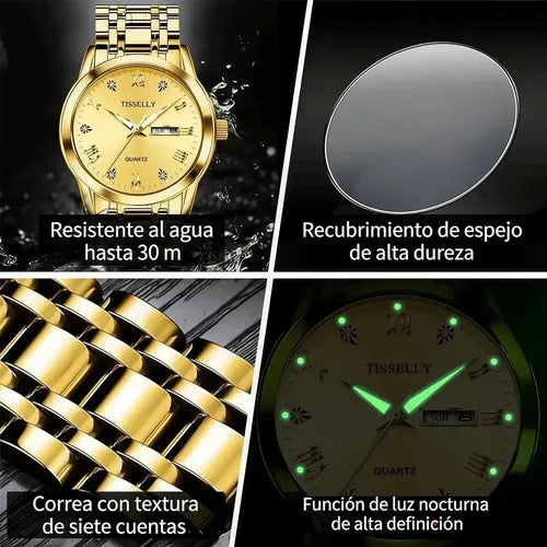 RELOJ IMPERMEABLE PARA HOMBRE, DISEÑO EMPRESARIAL CLÁSICO, CON CORREA DORADO BISEL DORADO FONDO DORADO