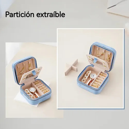 Joyero Organizador de Terciopelo Azul con Espejo para Anillos y Aretes | Grado B
