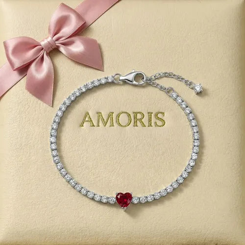 Pulsera con Corazón de Cristal Rojo Color Plateado 22 cm | Grado B