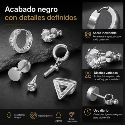 15 Pares de Aretes Arracadas para Hombre en Acero Inoxidable Color Plateado | Grado B