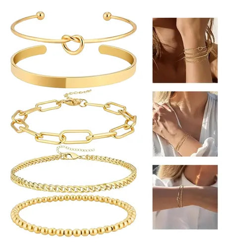 4 Pulseras Brazalete con Cristales Color Dorado Antioxidable | Grado B