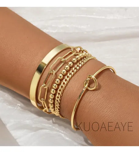 4 Pulseras Brazalete con Cristales Color Dorado Antioxidable | Grado B