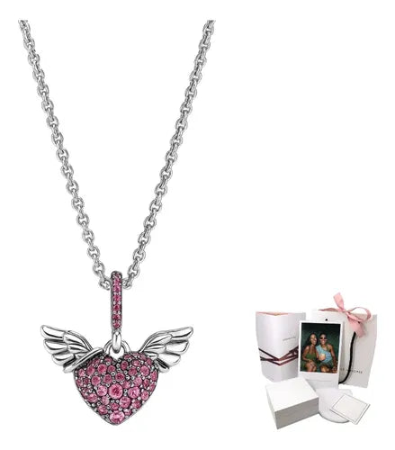 Collar Pandora Corazón Y Alas De Ángel Rosa Plata 925