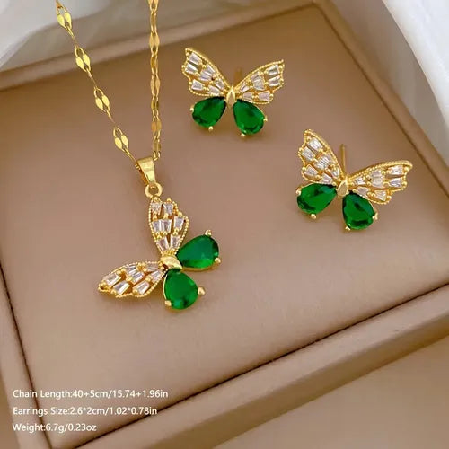 COLLAR CADENA MARIPOSA PENDIENTES ANILLO PURPURINA 3PCS