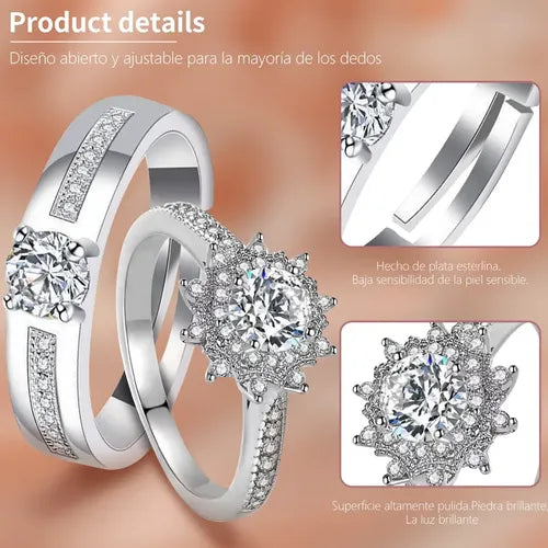 Anillos de Compromiso Ajustables Color Plateado para Pareja, Style B | Grado B