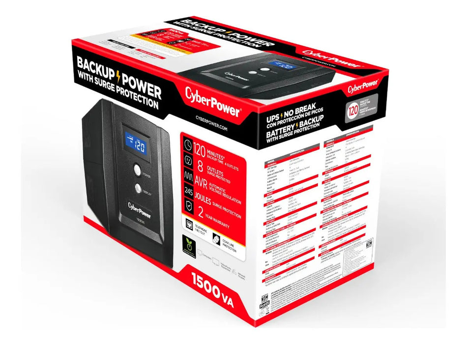 UPS CYBERPOWER 1500VA/900W REGULADOR DE VOLTAJE,8 CONTACTOS NEGRO GRADO B
