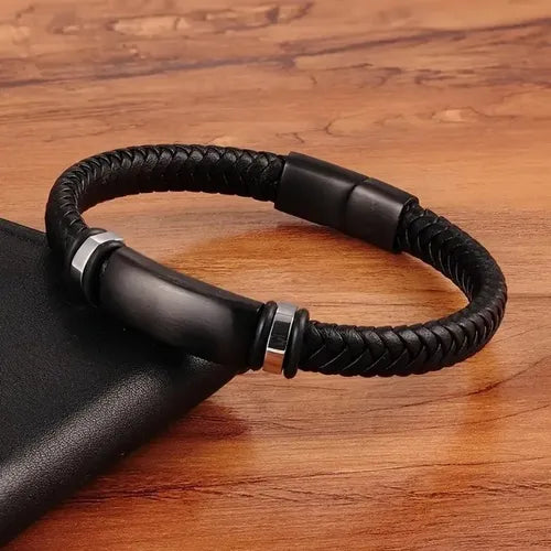 Pulsera de Cuero Genuino Tejido con Centro de Acero Inoxidable para Caballero | Grado B