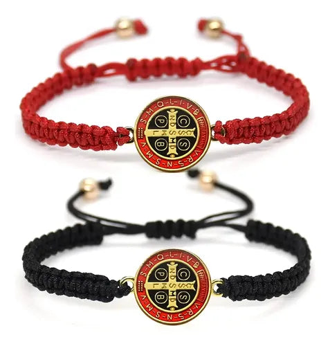 2 Pulseras Tejidas con Medalla de San Benito Negro y Rojo | Grado B