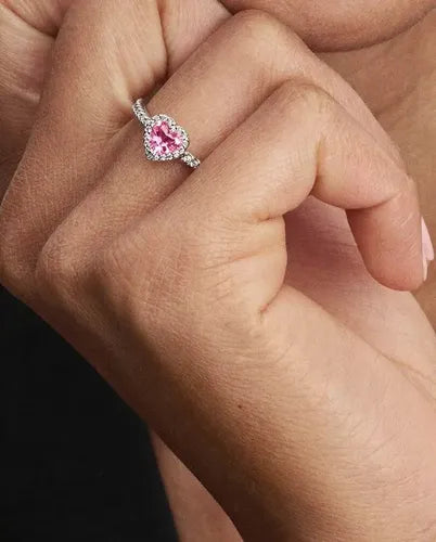 Anillo con Corazón de Gema Rosa Ajustable Color Plateado | Grado B