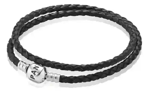 Juego de Pulseras de Piel Trenzada Doble 17.5 cm Color Negro
