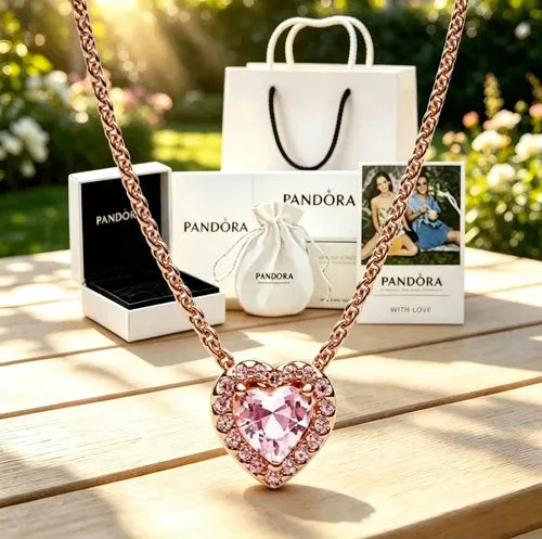 Collar Corazón Rosa con Circonitas y Kit de Regalo Color Dorado Rosa | Grado B