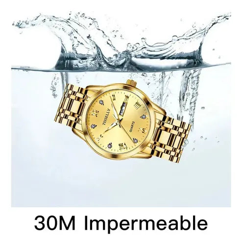RELOJ IMPERMEABLE PARA HOMBRE, DISEÑO EMPRESARIAL CLÁSICO, CON CORREA DORADO BISEL DORADO FONDO DORADO