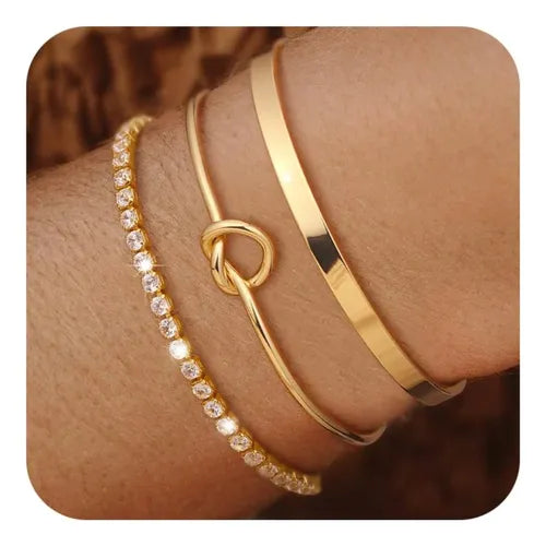 4 Pulseras Brazalete con Cristales Color Dorado Antioxidable | Grado B