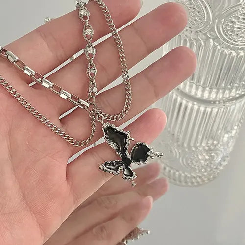 COLLAR CADENA MARIPOSA PENDIENTES ANILLO PURPURINA 3PCS