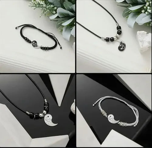 JUEGO DE COLLARES Y PULSERAS DE YIN YANG DRAGÓN PARA PAREJA NEGRO