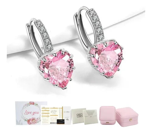 ARETES DE PLATA 925 MUJER CORAZÓN ROSA ELEGANTES COLGANTES GRADO B