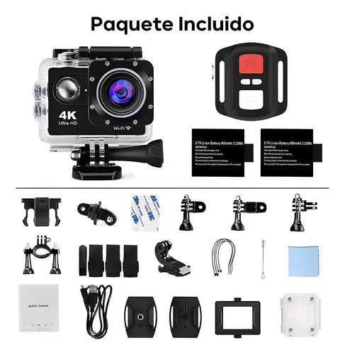 Cámara Deportiva Sumergible 4K WiFi HD con 2 Baterías | Grado B