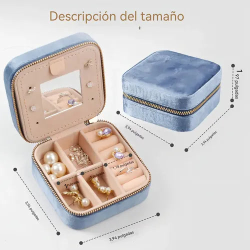 Joyero Organizador de Terciopelo Azul con Espejo para Anillos y Aretes | Grado B