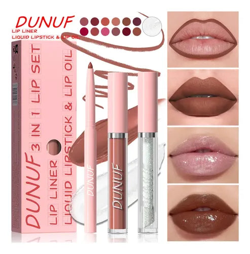 Set Dunuf: Brillo Labial Mate, Delineador De Labios Y Aceite
