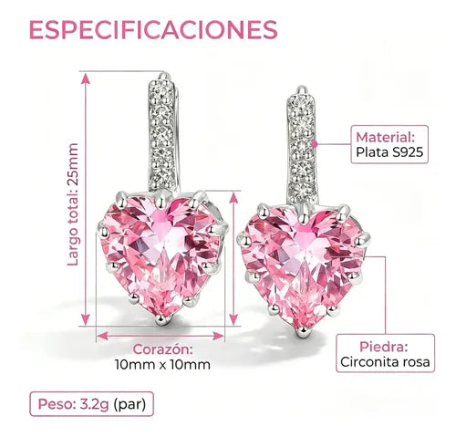 Aretes Color Plateado Corazón Rosa Colgantes Elegantes para Mujer | Grado B