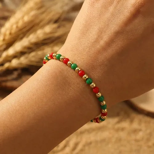 Pulsera Perlas Cuentas Oro Stacking Mujer Ideal para Regalo Rojo y Verde y Dorado 17.5 CM Rojo y Verde y Dorado | Grado B
