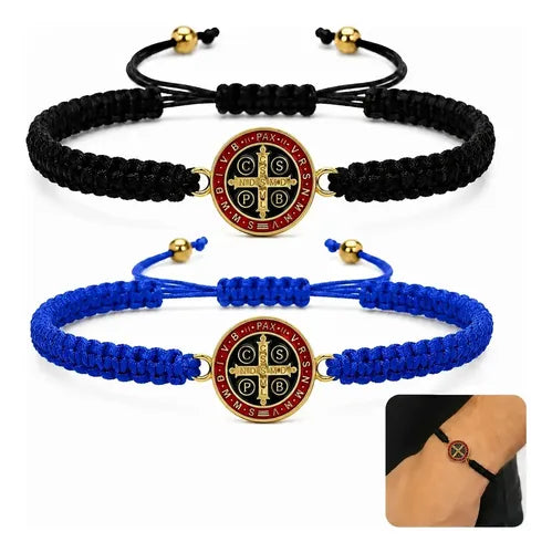 2 Pulseras Tejidas con Medalla de San Benito Negro y Rojo | Grado B