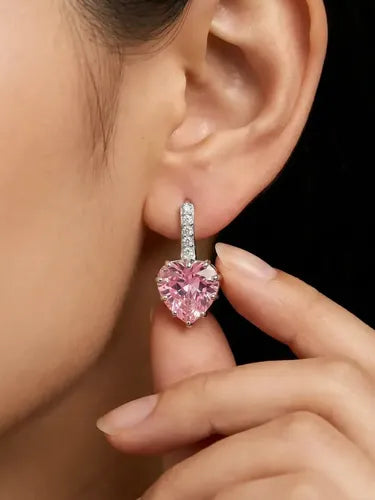 Aretes Colgantes de Corazón Color Plateado y Rosa para Mujer | Grado B