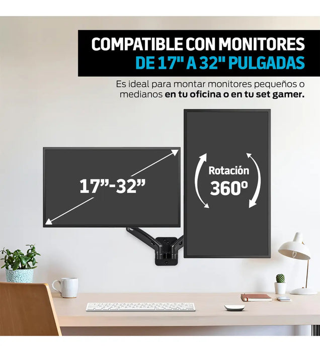 SOPORTE PARA 2 MONITORES DE PARED CON SISTEMA HIDRÁULICO, BRAZO MÓVIL PARA PANTALLAS DE 17 A 32 PULGADAS, COMPATIBILIDAD UNIVERSAL VESA HASTA 9 KG NEGRO GRADO A