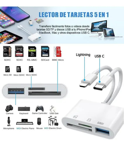 Adaptador Lector de Tarjetas SD 5 en 1 OTG USB Compatible con iPhone iPad y Xiaomi Color Blanco | Grado B