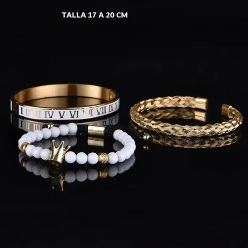 Brazalete de 3 Pulseras con Corona en Acero Inoxidable 19 cm | Grado B