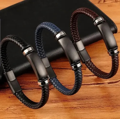 Pulsera de Cuero Genuino Tejido con Centro de Acero Inoxidable para Caballero | Grado B