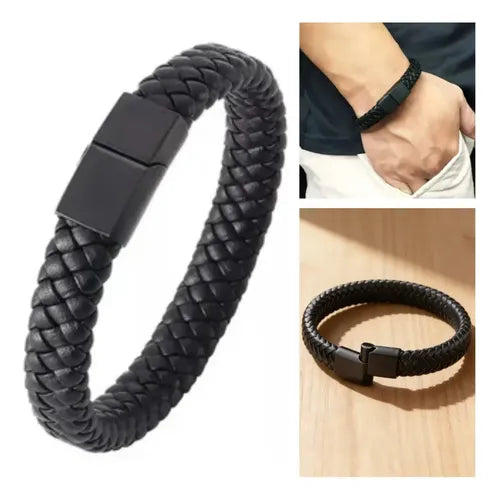 PULSERA CUERO TRENZADO ESTILO CORDÓN AJUSTABLE PARA HOMBRE 6 CM