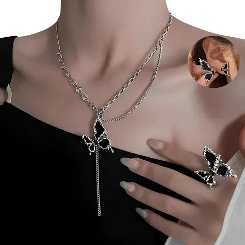 COLLAR CADENA MARIPOSA PENDIENTES ANILLO PURPURINA 3PCS